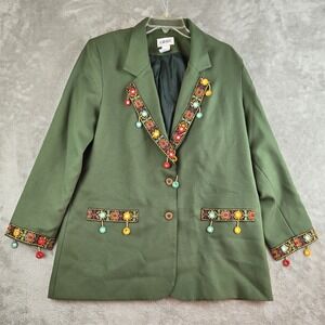 Graff Blazer‎ Jacket Womens 14 Green Indian Lace Trim Mirror Embroidery USA Made